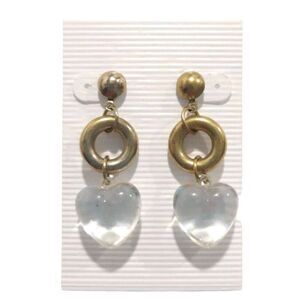 Vintage Art Glass Clear Heart Brass Circle Lampwork Dangle Drop Earrings Posts
